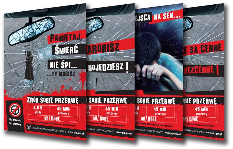Grafika przedstawia 4 plakaty kampanii Czas pracy kierowców a wypadki drogowe.